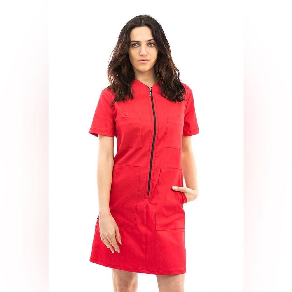 Red Short Sleeve Dress with Front Zipper